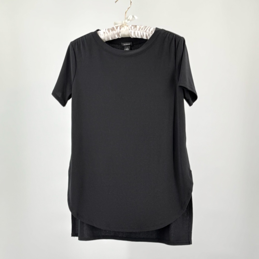 Halogen Black Ruched Shoulders High Front Long Square Back Round Neck Top Size S